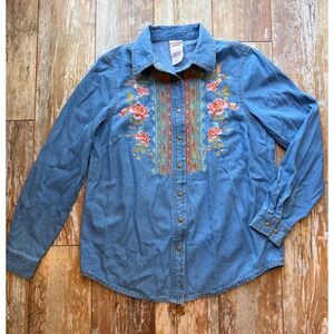Scandia Woods Womens Blue Denim Embroidered Floral Button Down Shirt  S